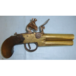 Early 1800's Irish Brass Framed Double Barrel, Over & Under, Tap Action Flintlock Pocket Pistol