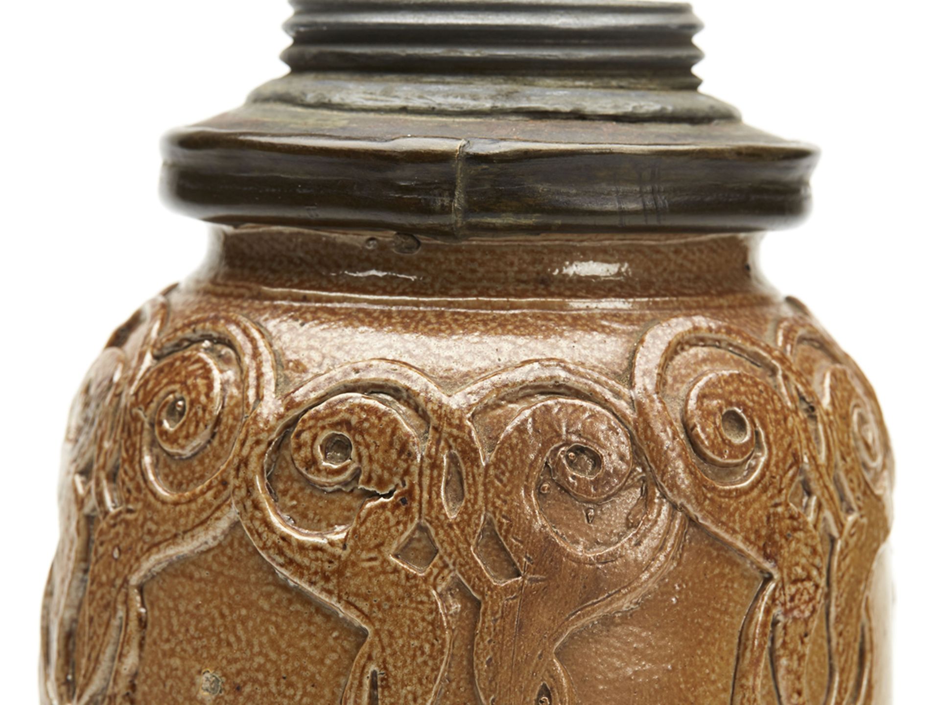 German Rheinish Salt Glazed Pewter Mounted Tobacco Jar 18Th C. - Image 5 of 10