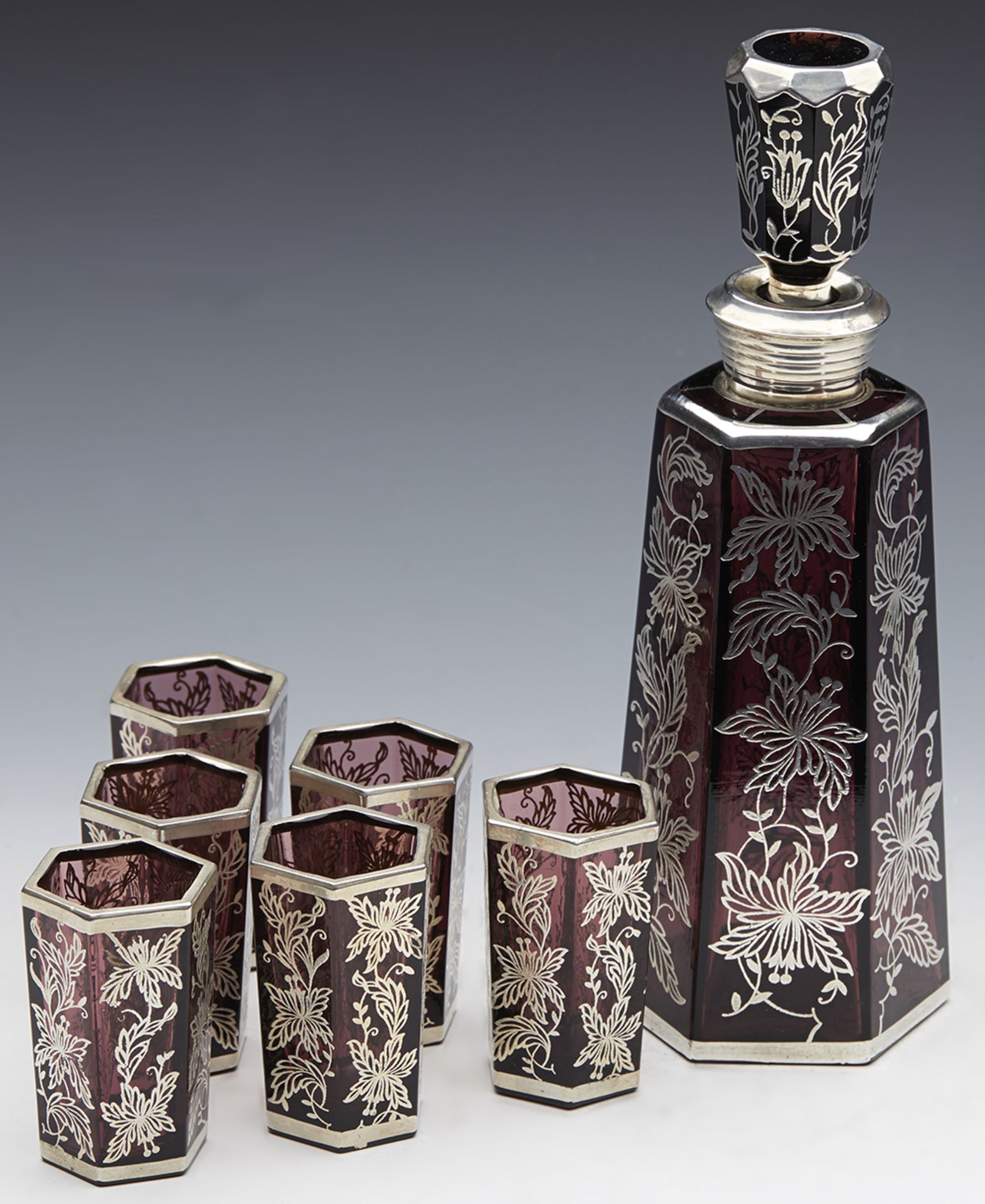 Italian Silver Overlay Amethyst Glass Liquer Set Early 20Th C. - Image 13 of 20