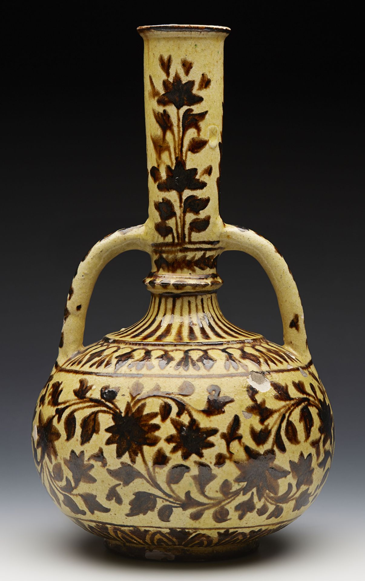 Antique Islamic Possibly Turkish Twin Handled Floral Design Vase 19Th C.