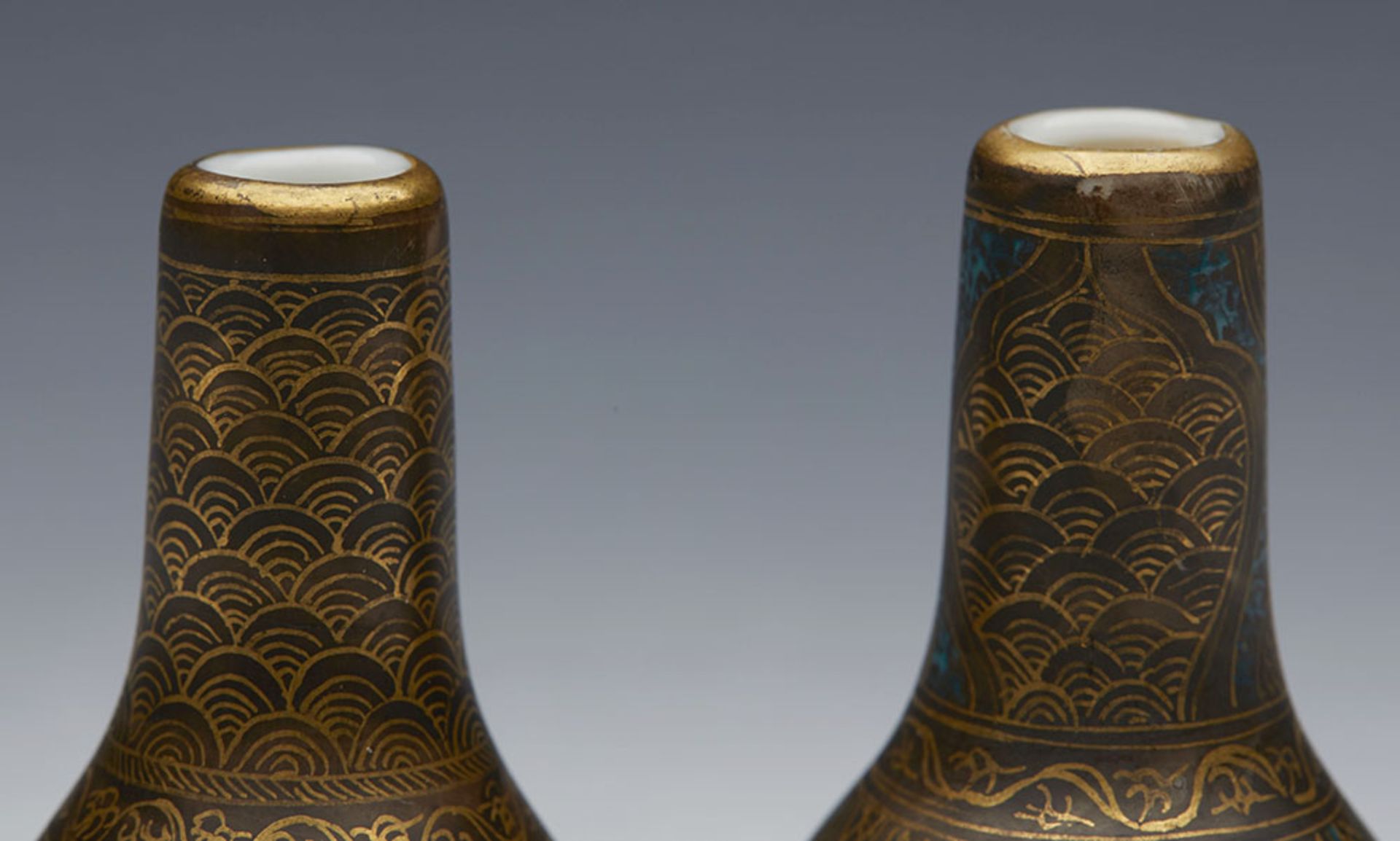 Antique Pair Miniature Satsuma Gilded Black Vases Signed 19Th C. - Image 4 of 7