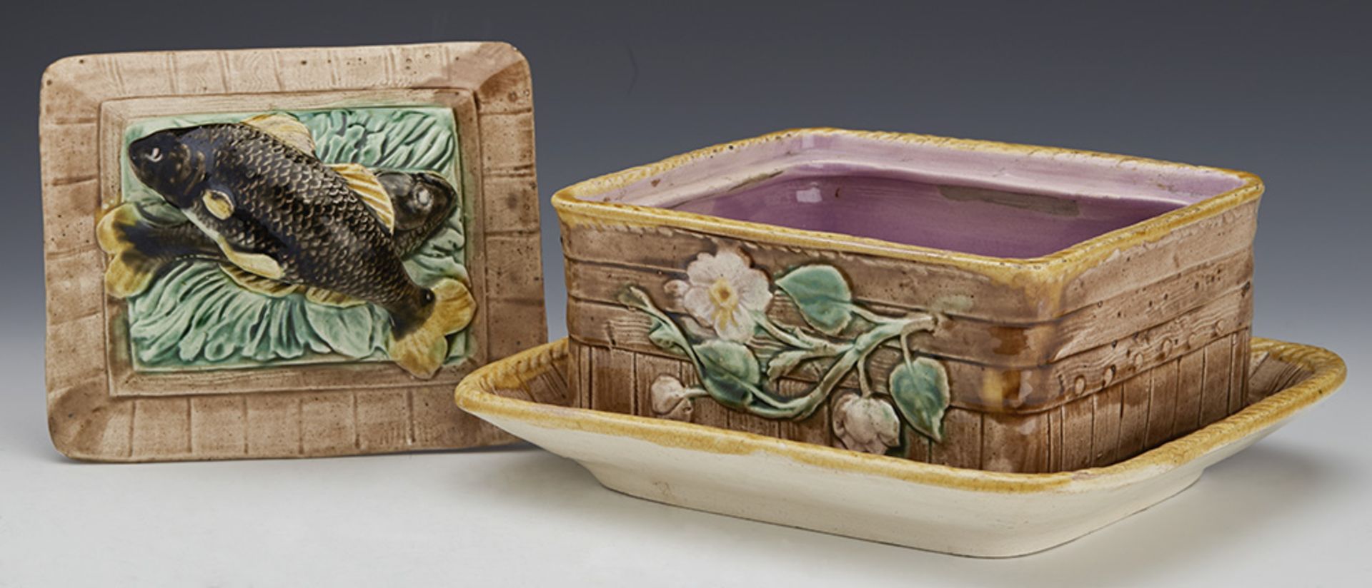 Antique English Majolica Sardine Dish With Fish And Flowers C.1865 - Image 5 of 10