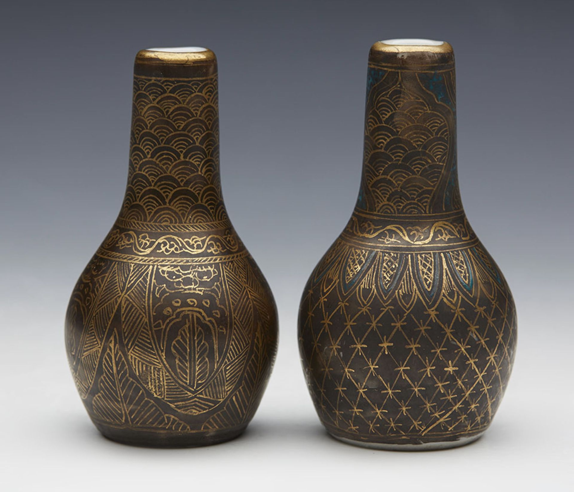 Antique Pair Miniature Satsuma Gilded Black Vases Signed 19Th C. - Image 7 of 7