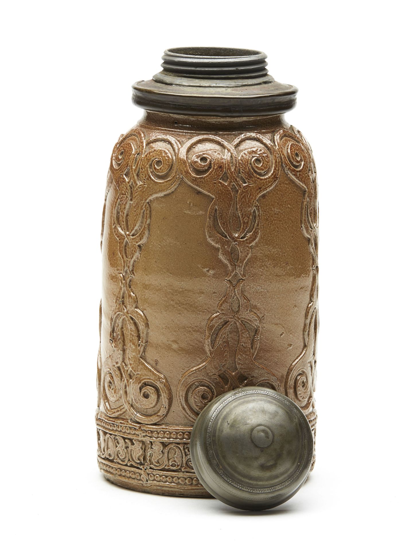 German Rheinish Salt Glazed Pewter Mounted Tobacco Jar 18Th C. - Image 3 of 10