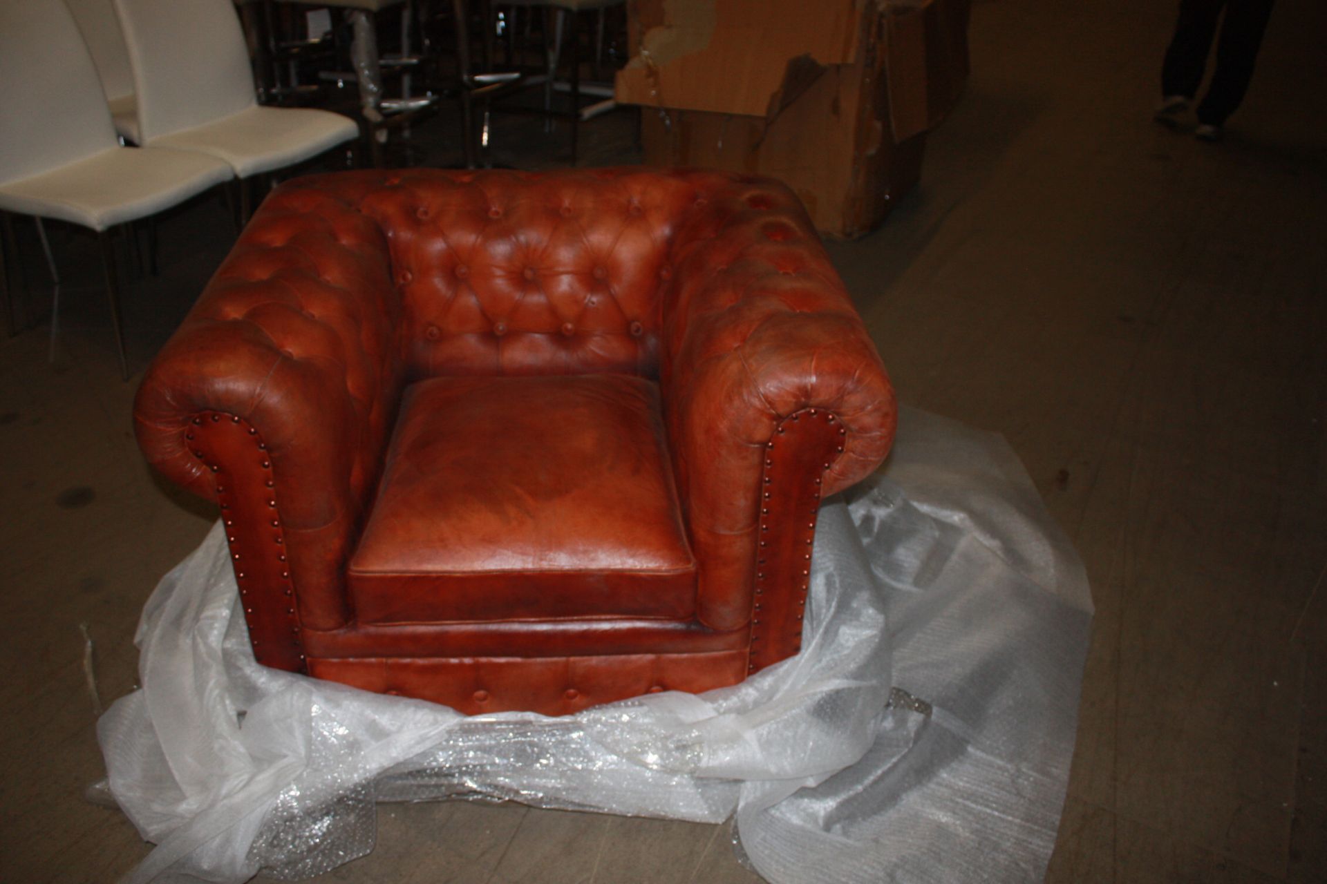 "Shoreditch Low Back Leather Chesterfield Club Armchair In Tan - Image 4 of 4