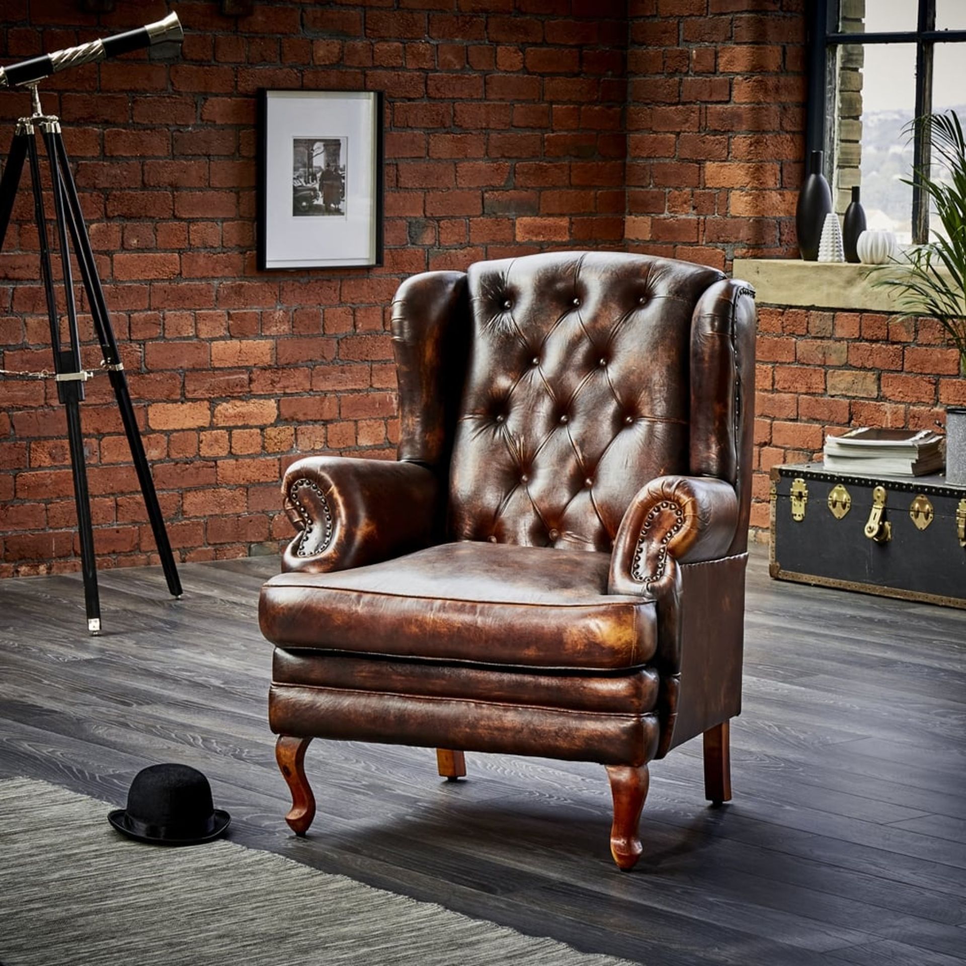 Leather Wingback Armchair With Scroll Arms In Black/Brown