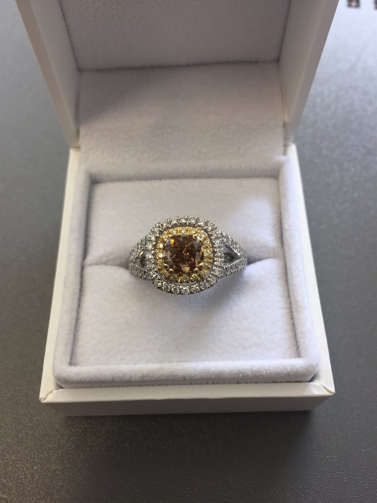 1.15ct diamond set solitaire ring with a yellow cushion cut yellow diamond and a halo setting and sp - Image 2 of 6