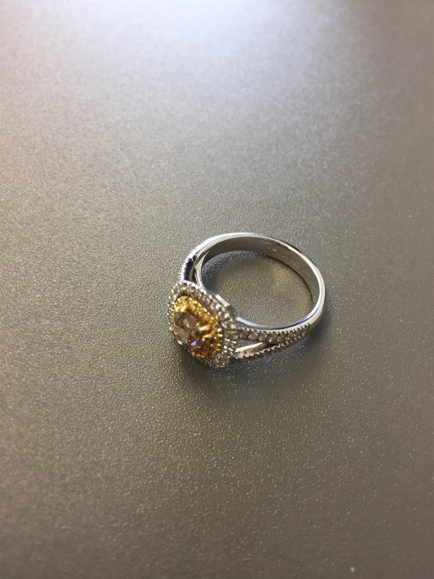 1.15ct diamond set solitaire ring with a yellow cushion cut yellow diamond and a halo setting and sp - Image 5 of 6