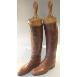 Vintage Retro Pair Leather Riding Boots with Beech Wood Stretchers Possibly Size 10