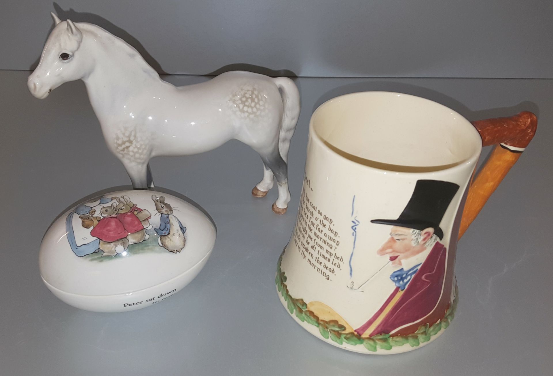 Vintage Retro Crown Devon John Peel Musical Jug, Wedgwood Bunnykins Egg & Beswick Welsh M