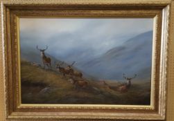 Large Oil on Canvas Painting Stags at Balmoral Signed by Willie Forbes 2006 - New images supplied.