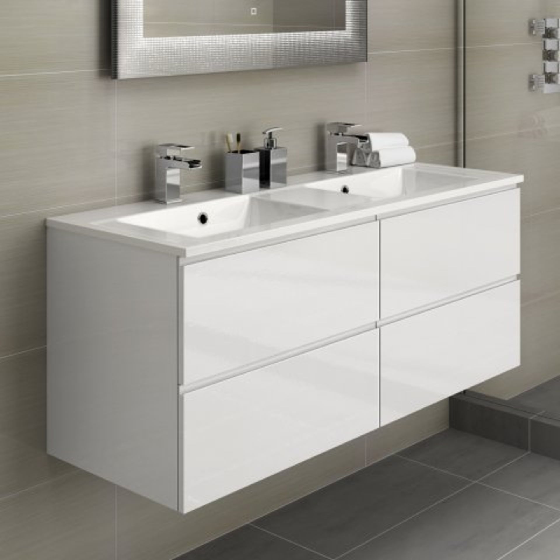 (O3) 1200mm Trevia High Gloss White Double Basin Cabinet - Wall Hung. RRP £1,199. COMES COMPLETE