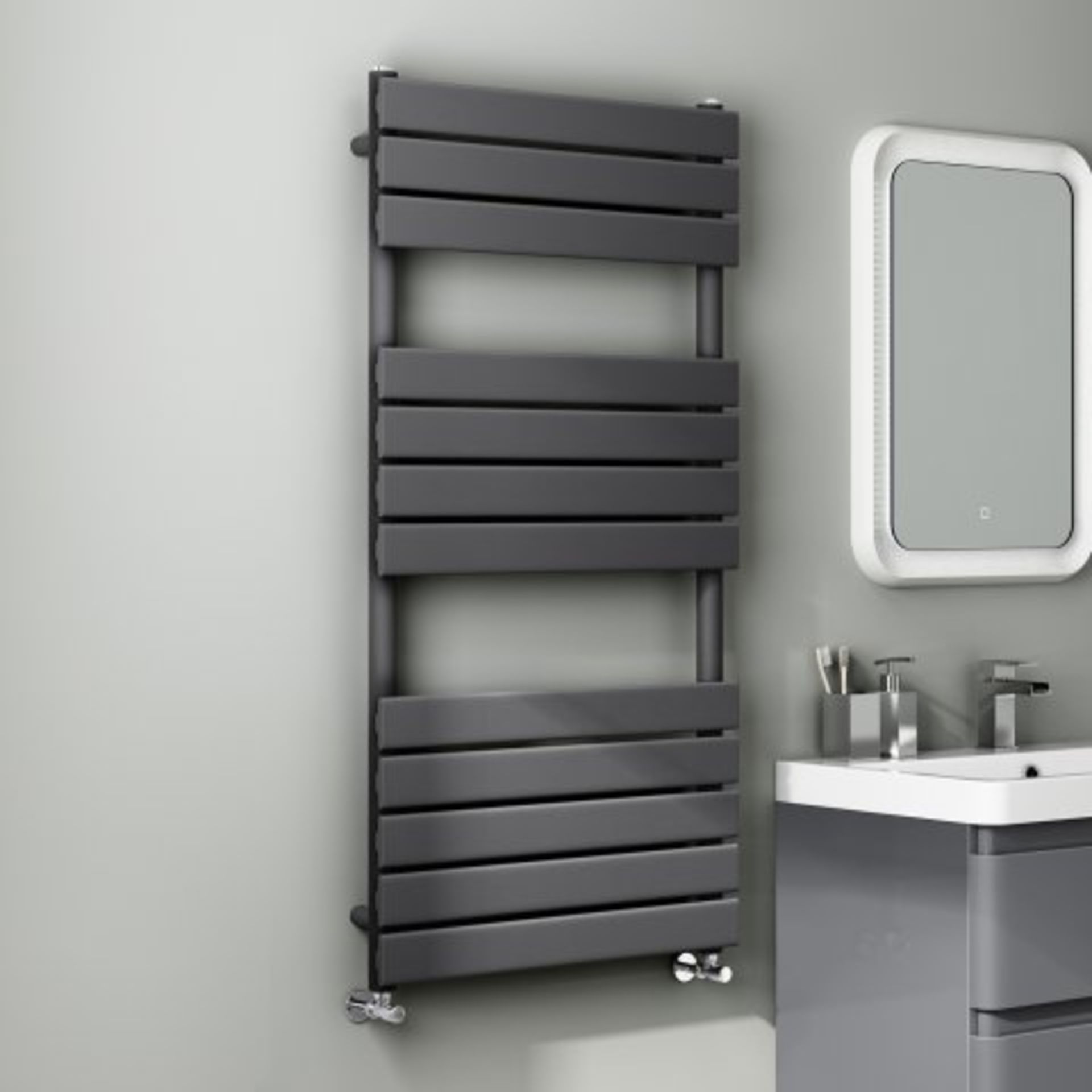 (O23) 1200x600mm Anthracite Flat Panel Ladder Towel Radiator. RRP £374.99. Stylishly sleek panels