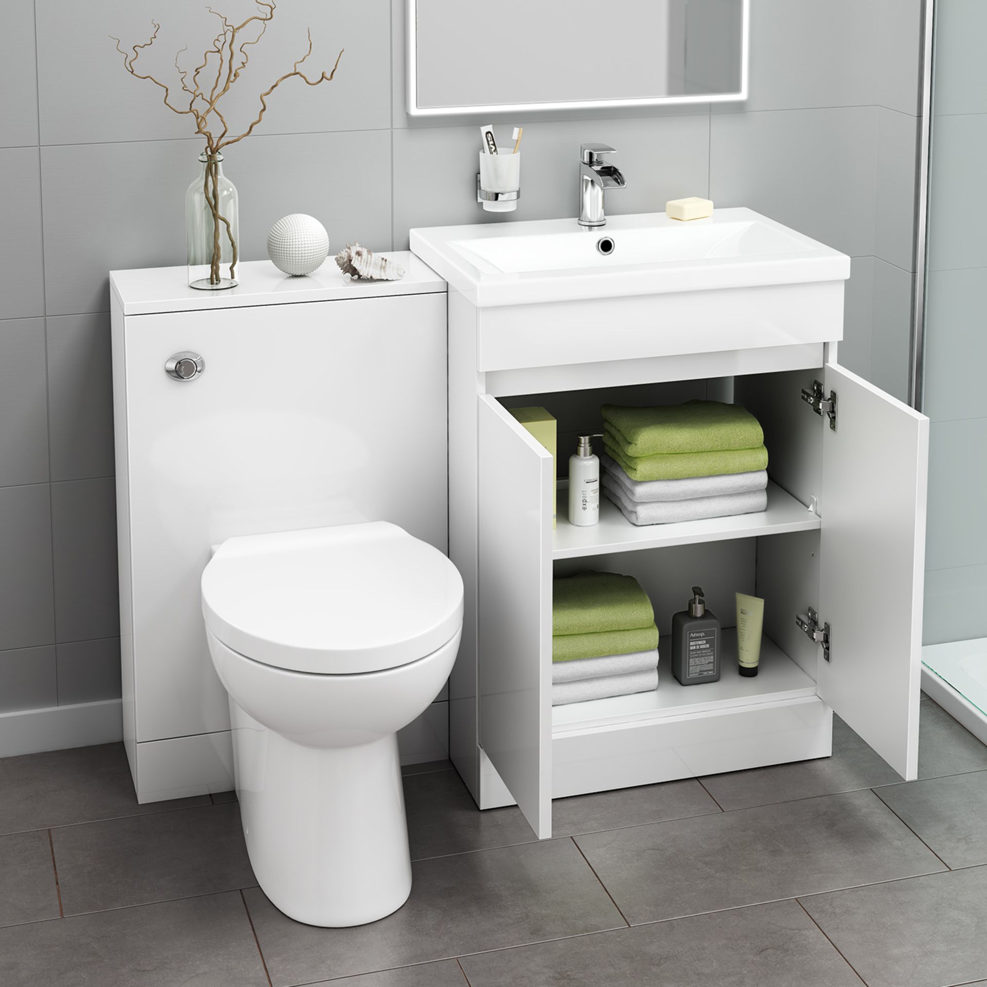 (O321) 1100mm Crete Seashell Basin Vanity Unit Complete with Toilet Pan & Back to Wall Unit. RRP £ - Image 2 of 5