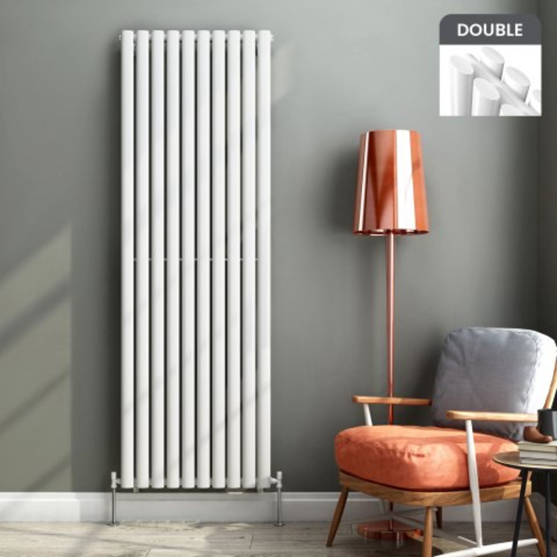 (P249) 1800x600mm White Double Panel Oval Tube Vertical Radiator. RRP £599.99. Designer Touch This