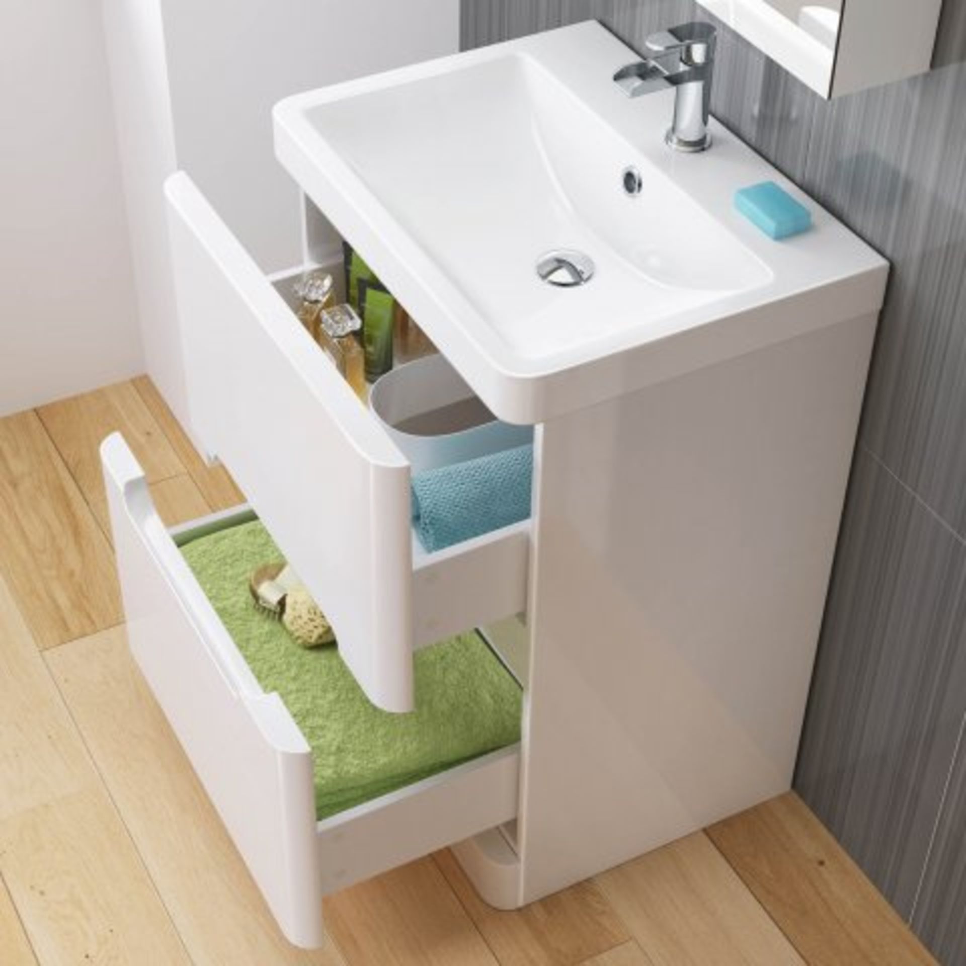 (O33) 600mm Tuscany Gloss White Built In Basin Double Drawer Unit - Floor Standing. RRP £499.99. - Image 3 of 5