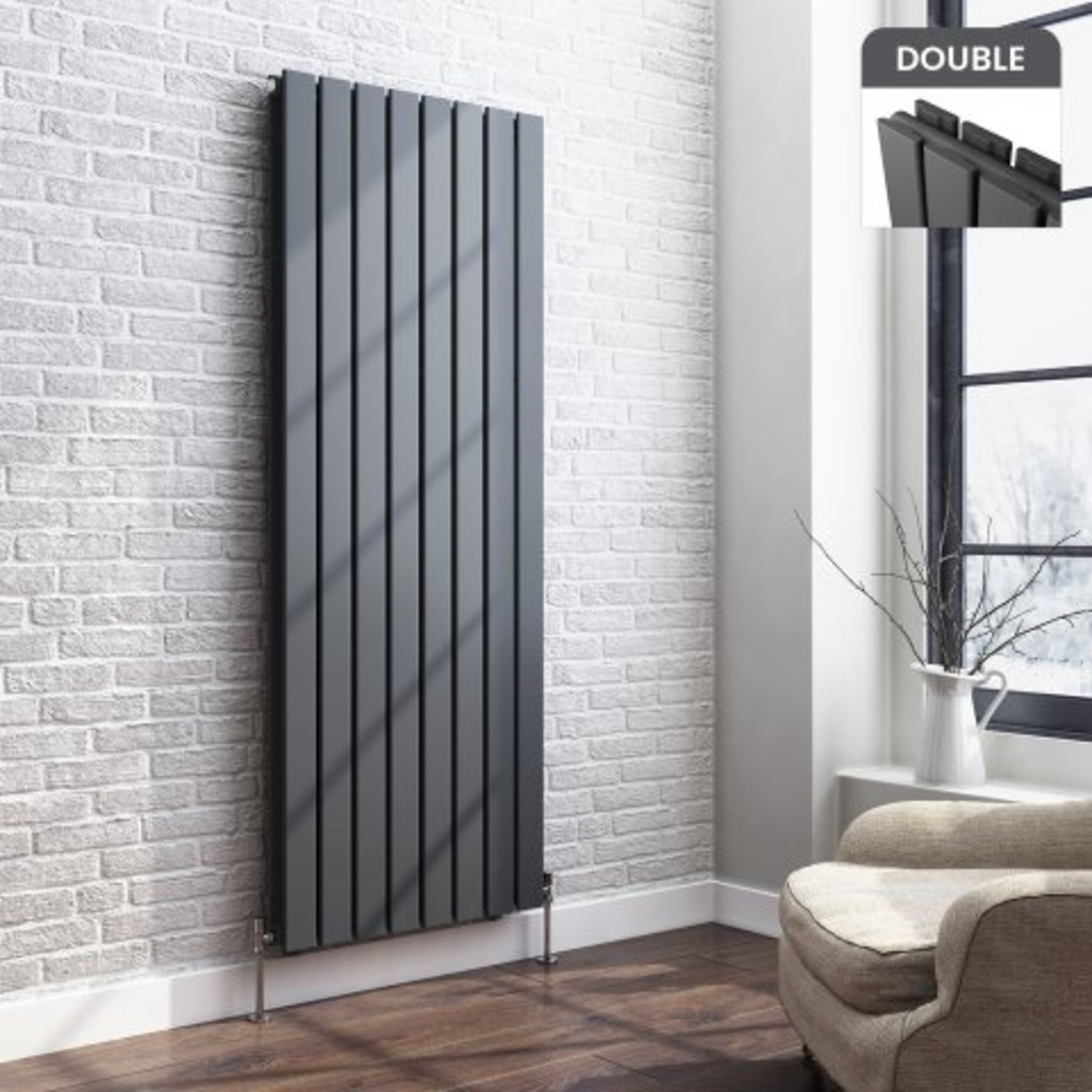 (O199) 1600x608mm Anthracite Double Flat Panel Vertical Radiator. RRP £599.99. Designer Touch