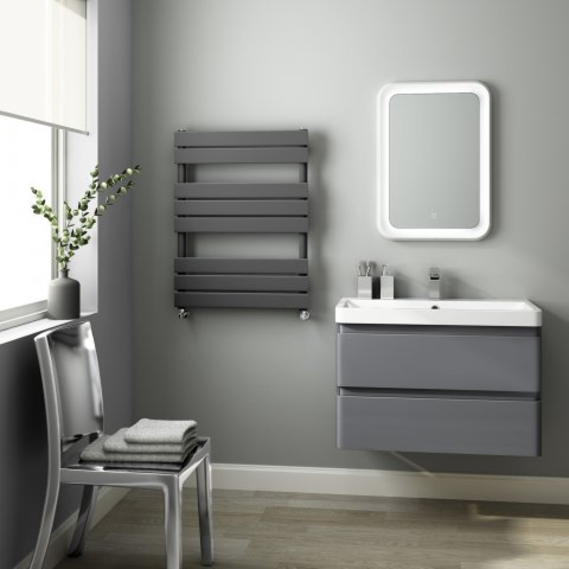 (O24) 800x600mm Anthracite Flat Panel Ladder Towel Radiator. RRP £249.99. Stylishly sleek panels set - Image 3 of 3