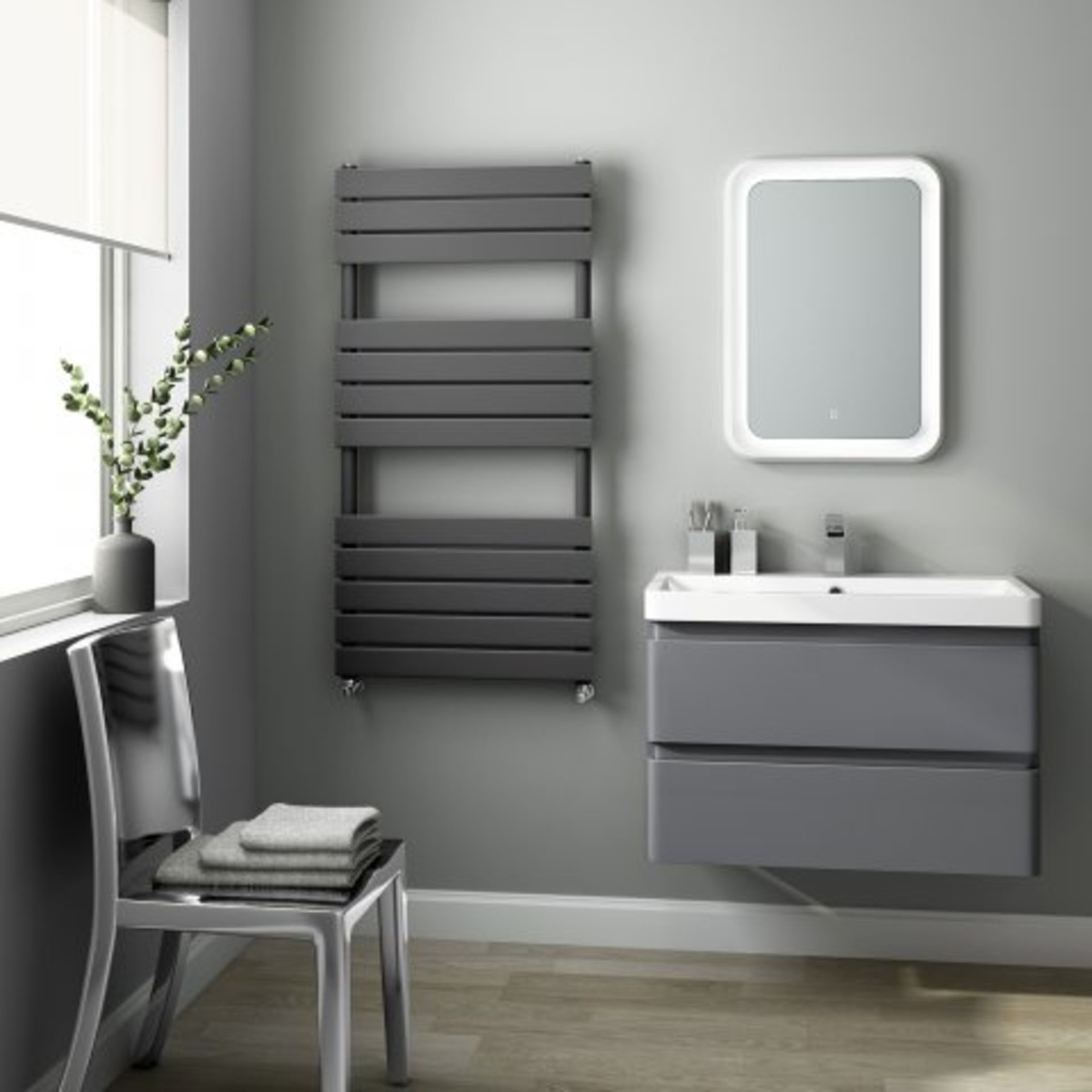 (O129) 1200x600mm Anthracite Flat Panel Ladder Towel Radiator. RRP £374.99. Stylishly sleek panels - Image 3 of 3