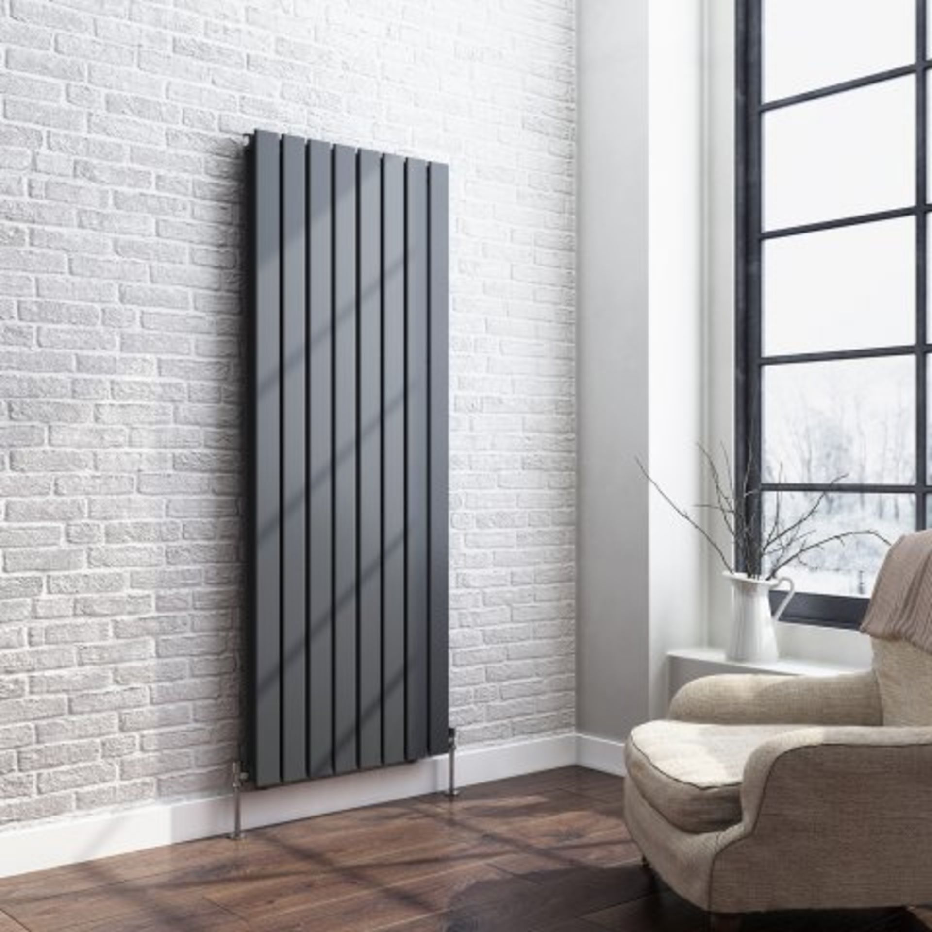 (O199) 1600x608mm Anthracite Double Flat Panel Vertical Radiator. RRP £599.99. Designer Touch - Image 2 of 4