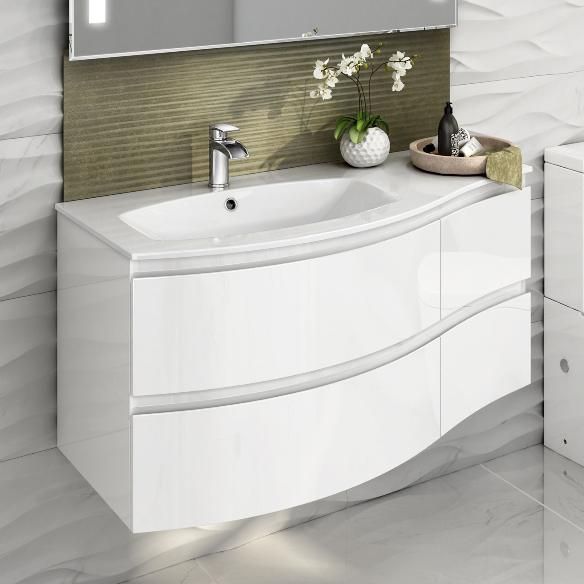 (O1) 1040mm Amelie High Gloss White Curved Vanity Unit - Left Hand - Wall Hung. RRP £1,199. COMES