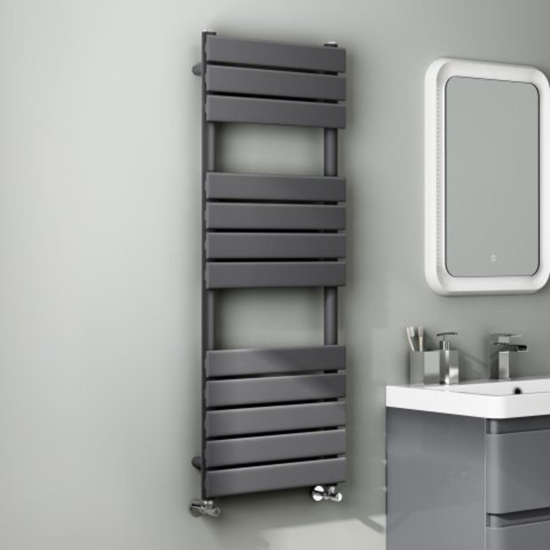 (O96) 1200x450mm Anthracite Flat Panel Ladder Towel Radiator. RRP £349.99. Heat Efficiency Our