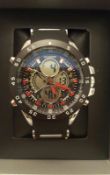 BRAND NEW QUAMER GENTS MULTI FUNCTIONAL DIGITAL WATCH, BLACK/ RED FACE WITH BLACK/ SILVER STRAP,