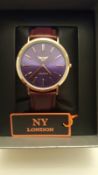 BRAND NEW NY LONDON GENTS SLIMLINE WATCH, ROSE GOLD WITH BLUE FACE AND TAN LEATHER STRAP, WITH