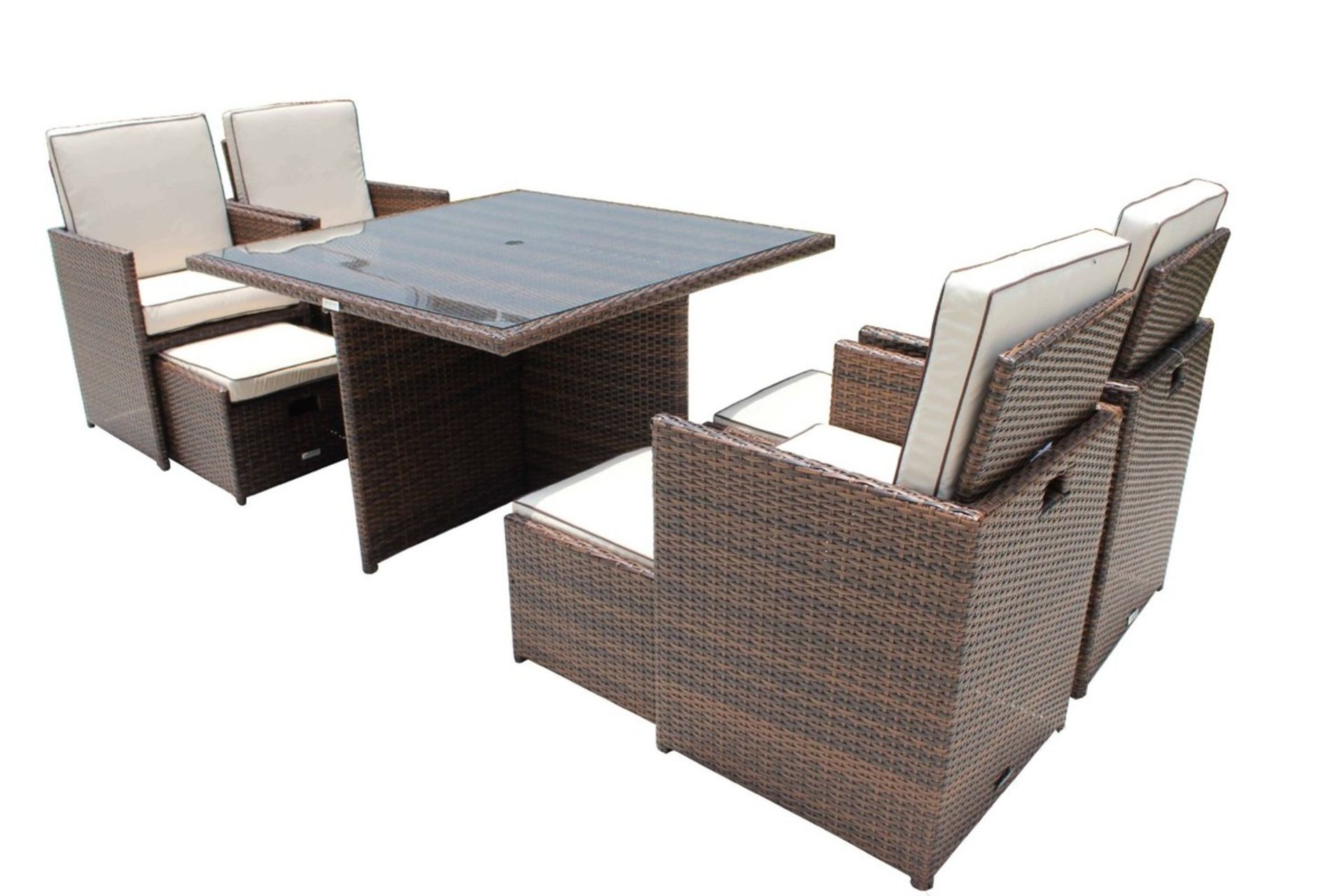 Barcelona 9 Piece Rattan Garden Cube Set in chocolate brown mix rattan with coffee cream cushions.