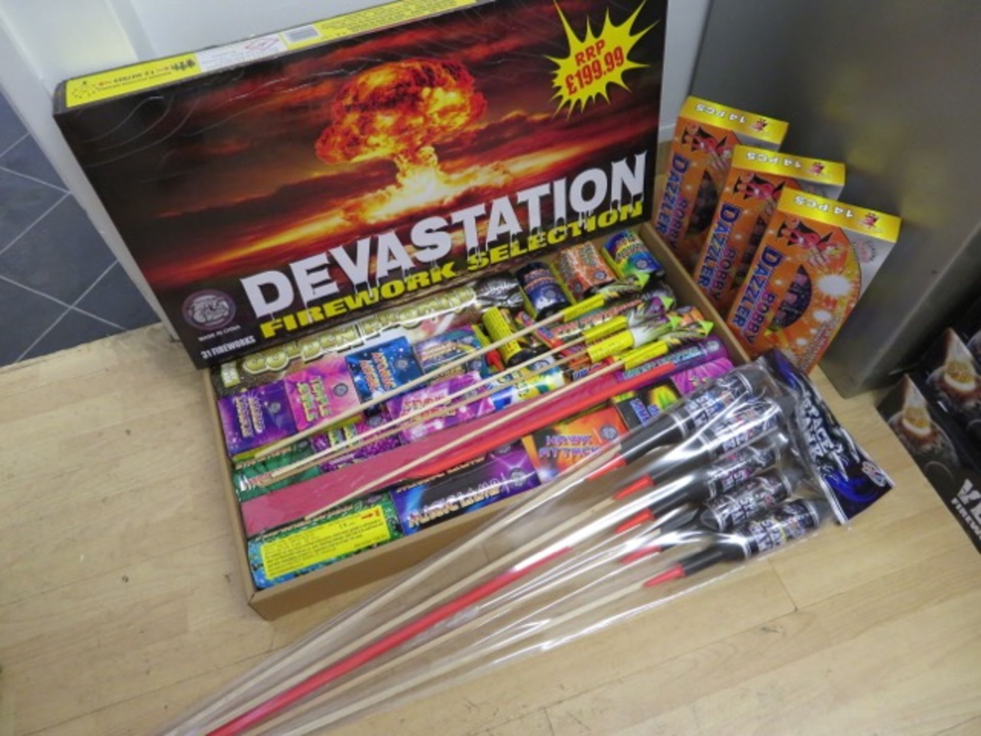 MEGA 78 PIECE FIREWORK LOT - INCLUDES: 1 x DEVASTATION 31 PIECE SELECTION BOX, 1 x PACK OF 5 SPACE