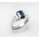 Unbranded, Platinum 3.03ct Step Cut Sapphire & 0.88ct Diamond Ring