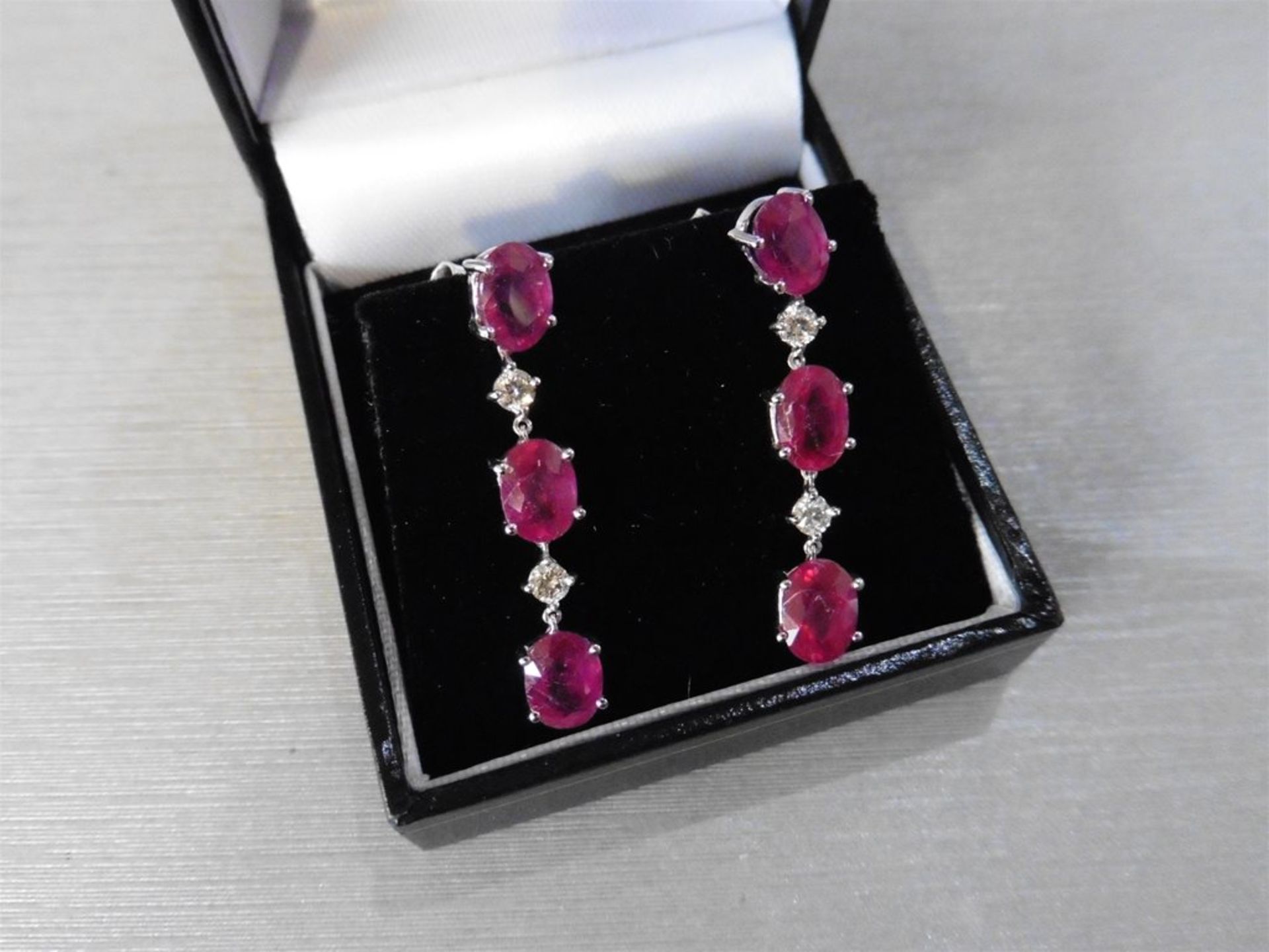 4.80ct ruby and diamond drop earrings. Each set with 3 oval cut rubies ( glass filled ) and 2 brilli - Image 4 of 4