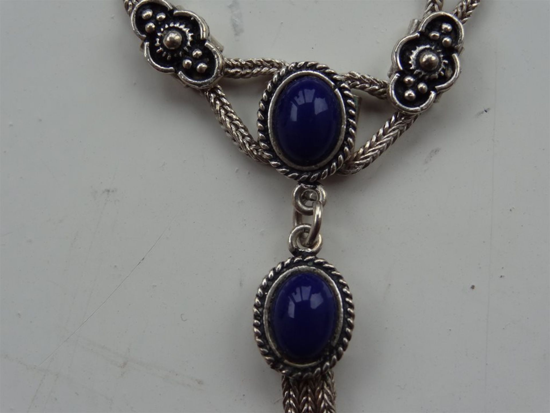 Double Row Silver Necklet with Blue Stones, (No hallmarks - stamped 925) Length approx 44cm, 23.35g - Image 3 of 8