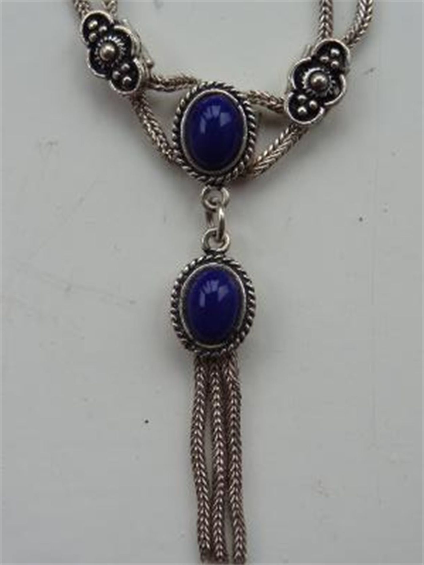 Double Row Silver Necklet with Blue Stones, (No hallmarks - stamped 925) Length approx 44cm, 23.35g - Image 8 of 8