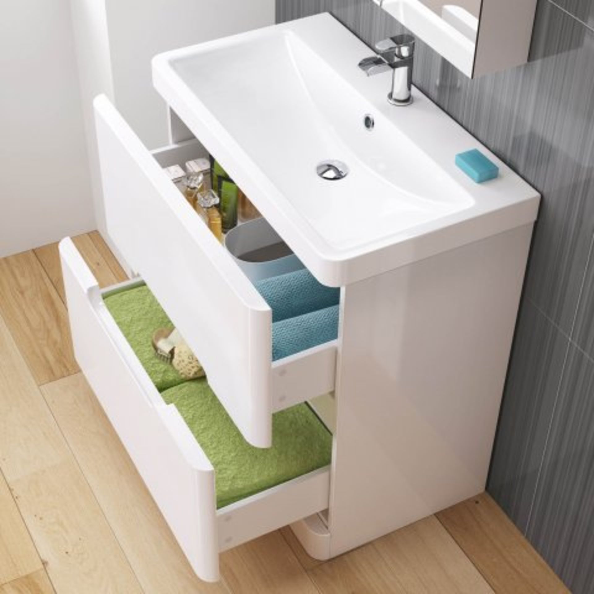 (J40) 800mm Tuscany Gloss White Built In Basin Double Drawer Unit - Floor Standing. RRP £724.99 - Image 3 of 5