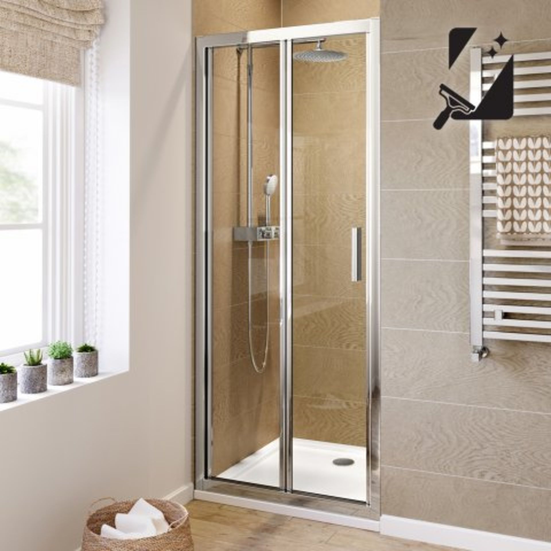 (N72) 900mm - 6mm - Elements EasyClean Bifold Shower Door. RRP £299.99. Essential Design Our