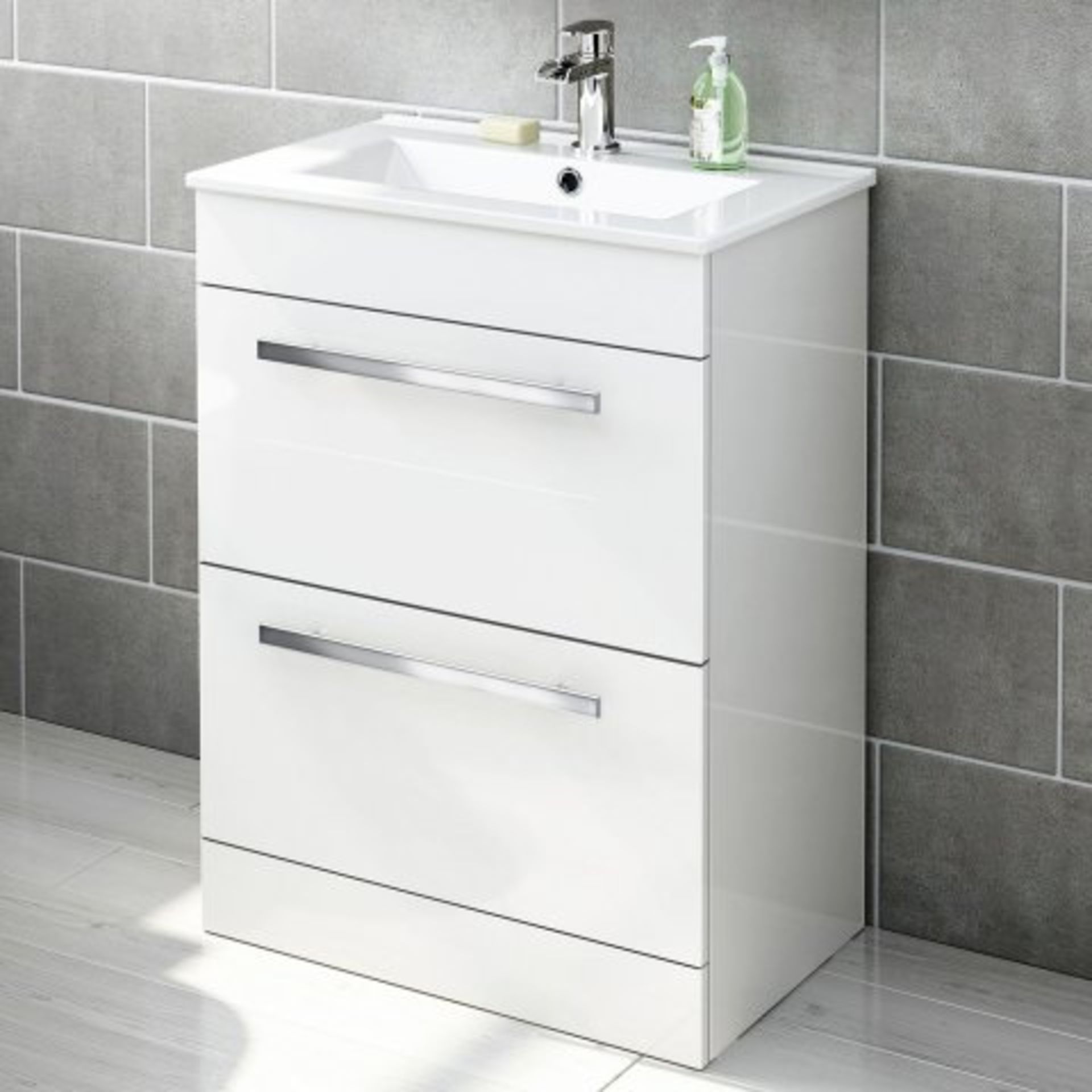 (J88) 600mm Avon High Gloss White Double Drawer Basin Cabinet - Floor Standing. RRP £499.99. COMES