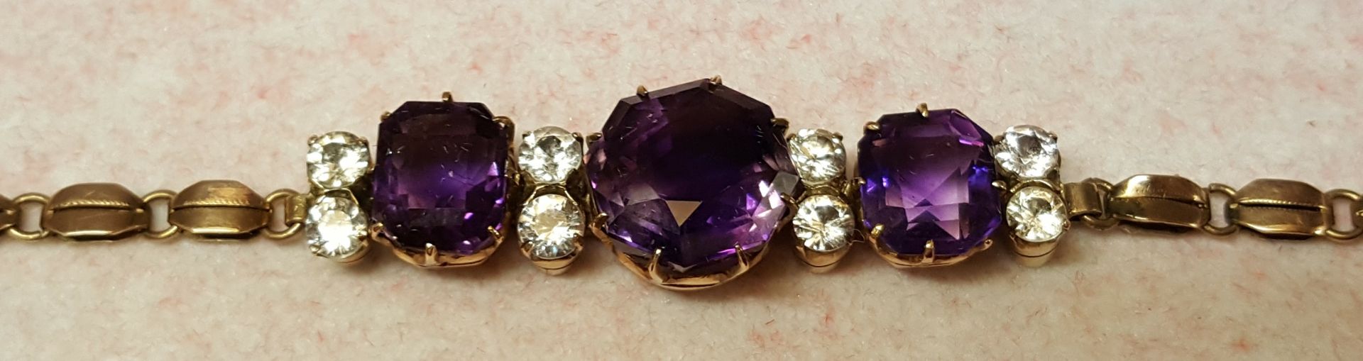 Vintage Yellow Metal, Clear Stone & Amethyst Coloured Stone Bracelet, Pendant & Ring - Image 2 of 2