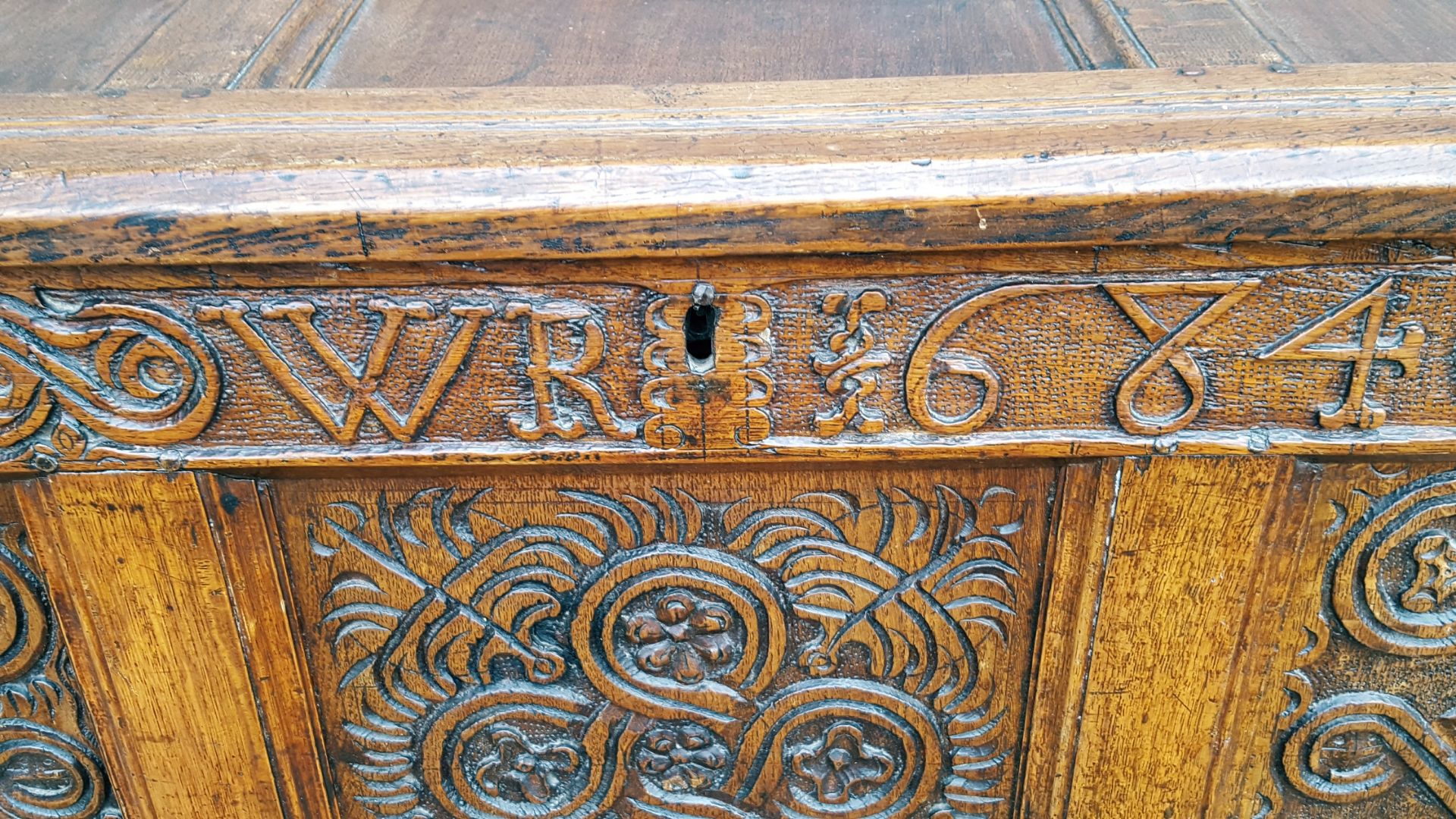 Antiques Charles II Oak Coffer Carved Inscription W.R. 1684 Carved Front Panels - Image 2 of 10