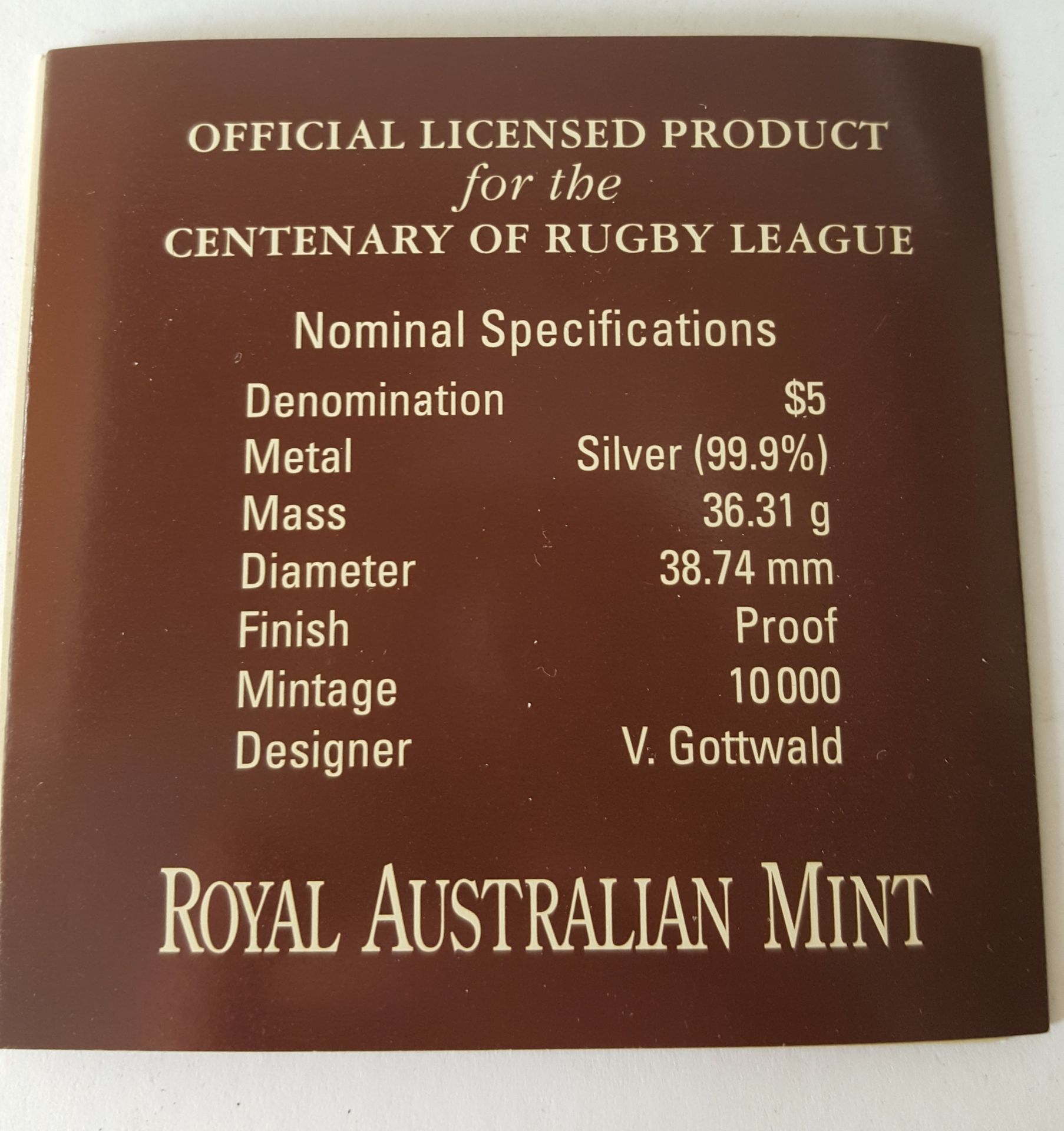 Collectable Coin Australian Royal Mint 2008 Centenary of Rugby League $5 Silver Proof - Image 5 of 5