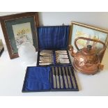 Vintage Retro Parcel of Art, Flatware, Copper Kettle etc