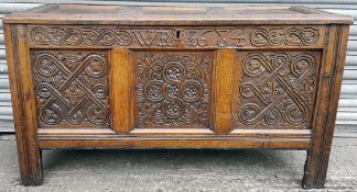 Antiques Charles II Oak Coffer Carved Inscription W.R. 1684 Carved Front Panels