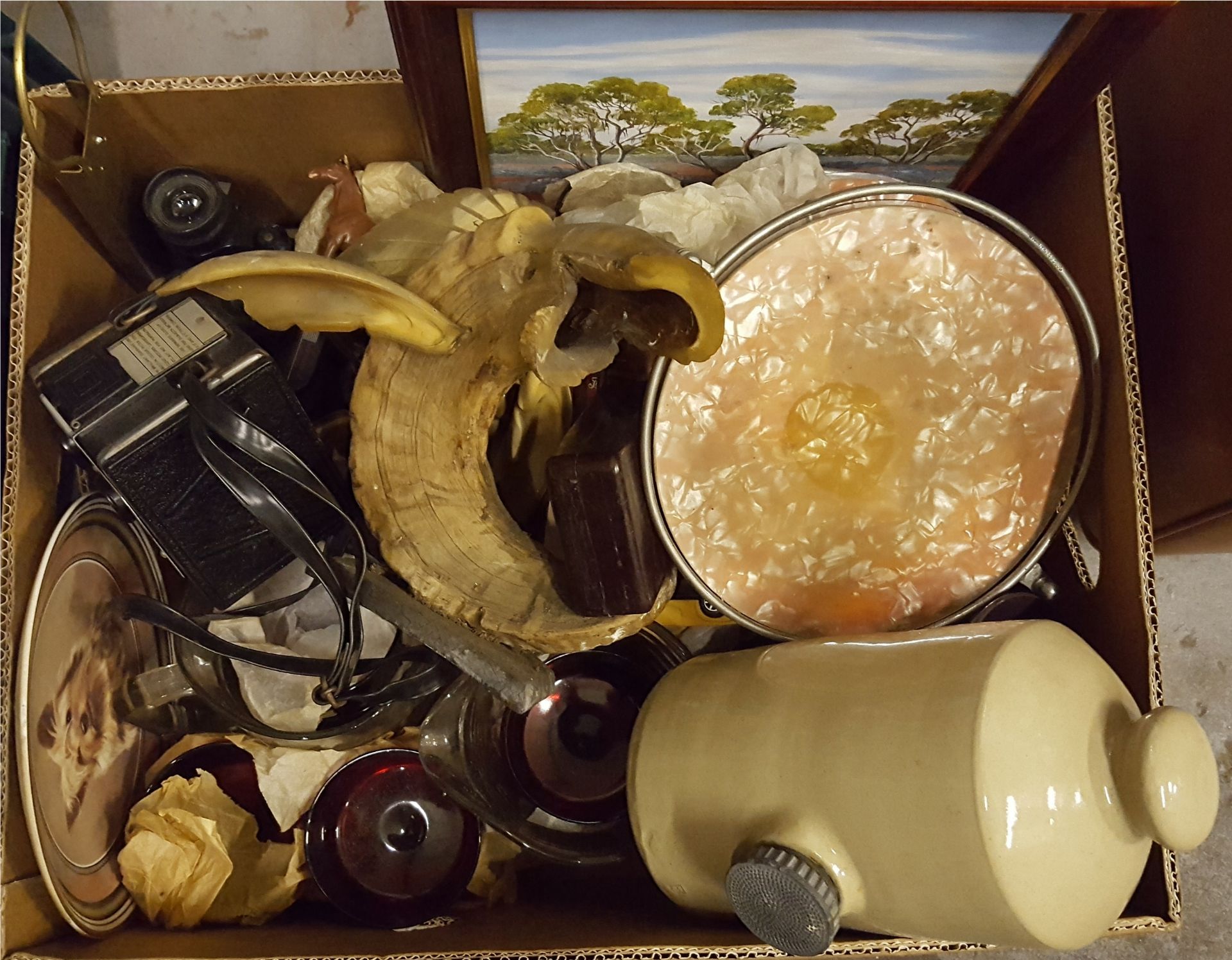 Vintage Retro Box Assorted Item Includes Glass Cameras cake stands