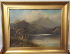 Antique Oil On Board Painting Lake & Mountains Signed Lower Left Corner