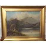 Antique Oil On Board Painting Lake & Mountains Signed Lower Left Corner