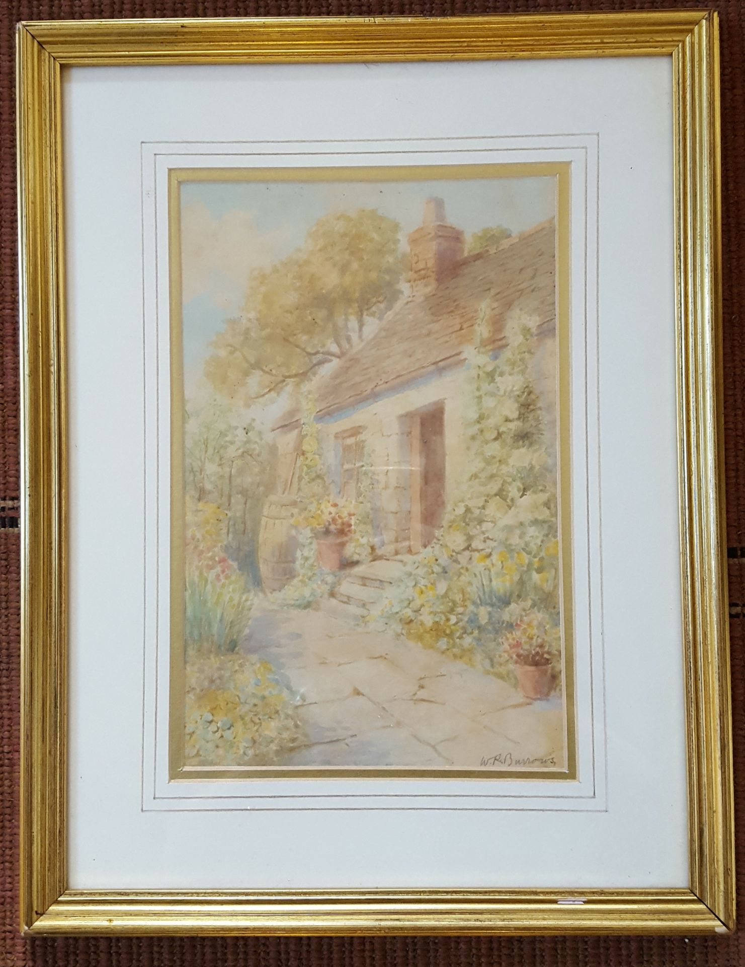 Vintage Watercolour Painting Titled 'Cottage Scene' Signed lower Right W. R. Burrows.