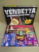 23 PIECE VENDETTA FIREWORK SELECTION BOX. RRP £89.99. Includes: 200 Shot Repeater, Rockets,