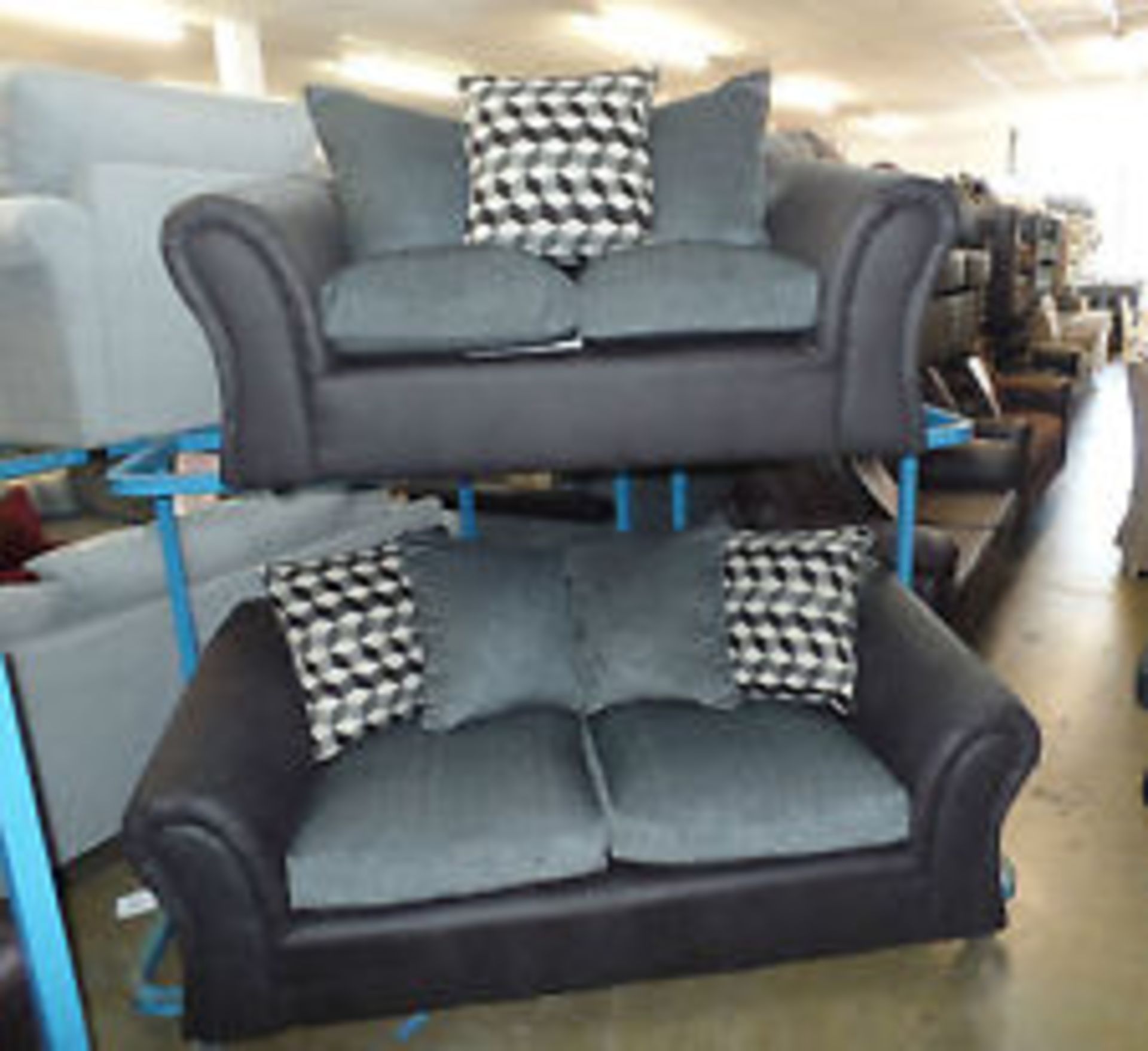 Zakira 3 seater plus 2 seater black faux leather plus grey chenille fabric sofas