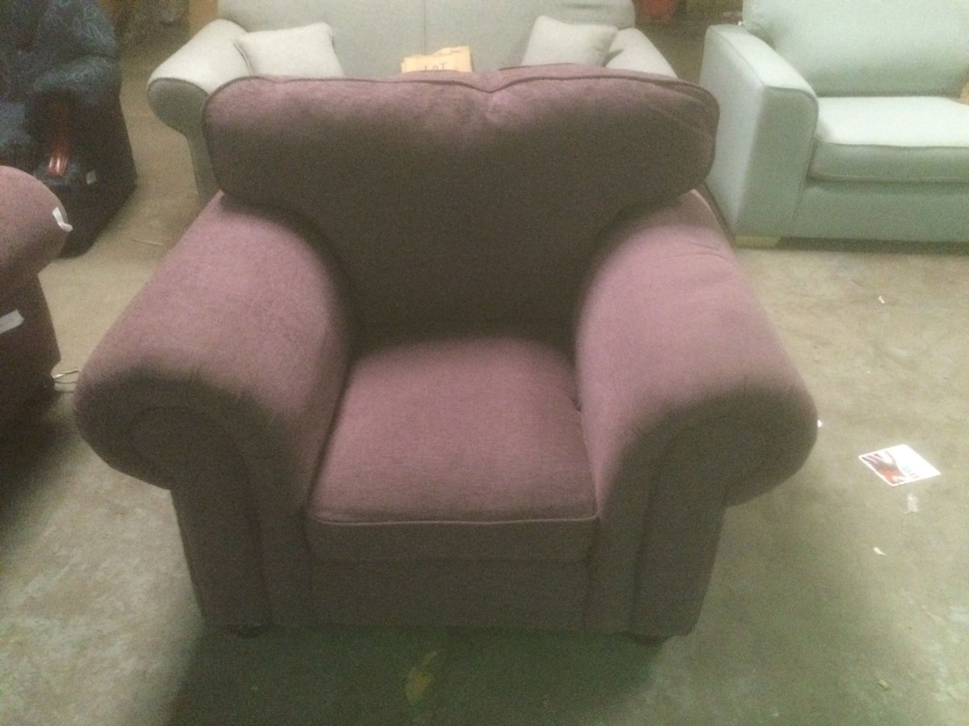 Coxley single arm chair with scroll arms and high back in plum fabric