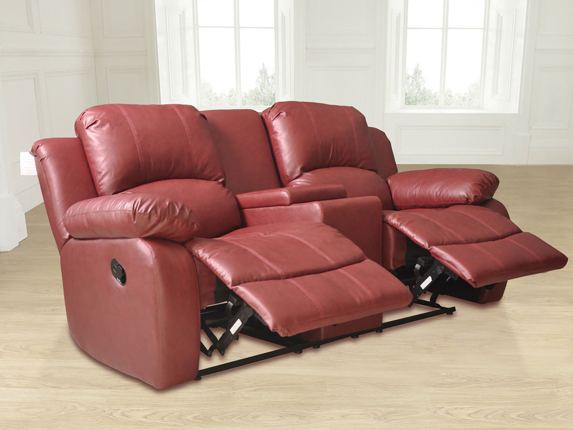 Supreme Valance burgandy leather 3 seater reclining sofa with console and matching 2 seater